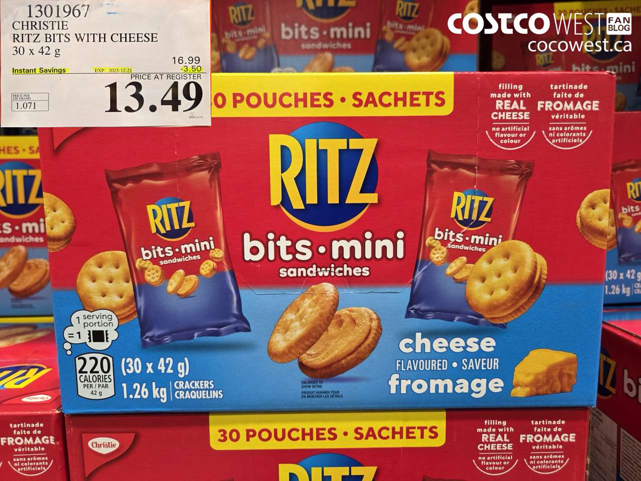 1301967 CHRISTE RITZ BITS WITH CHEESE 30 x 42 g ($3.50 INSTANT SAVINGS EXPIRES ON 2025-12-21) $13.49
