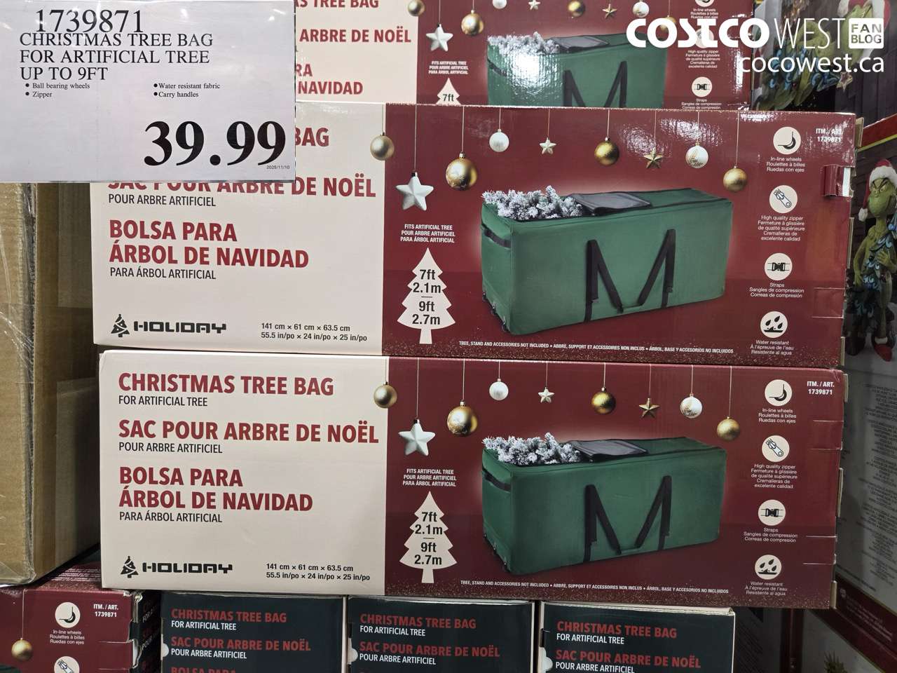 1739871 CHRISTMAS TREE BAG FOR ARTIFICIAL TREE UP TO 9FT $39.99