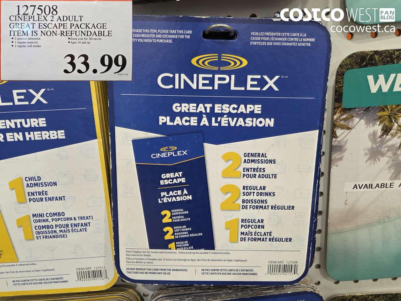 127508 CINEPLEX GREAT ESCAPE 2 ADULTS MOVIE PACKAGE $33.99