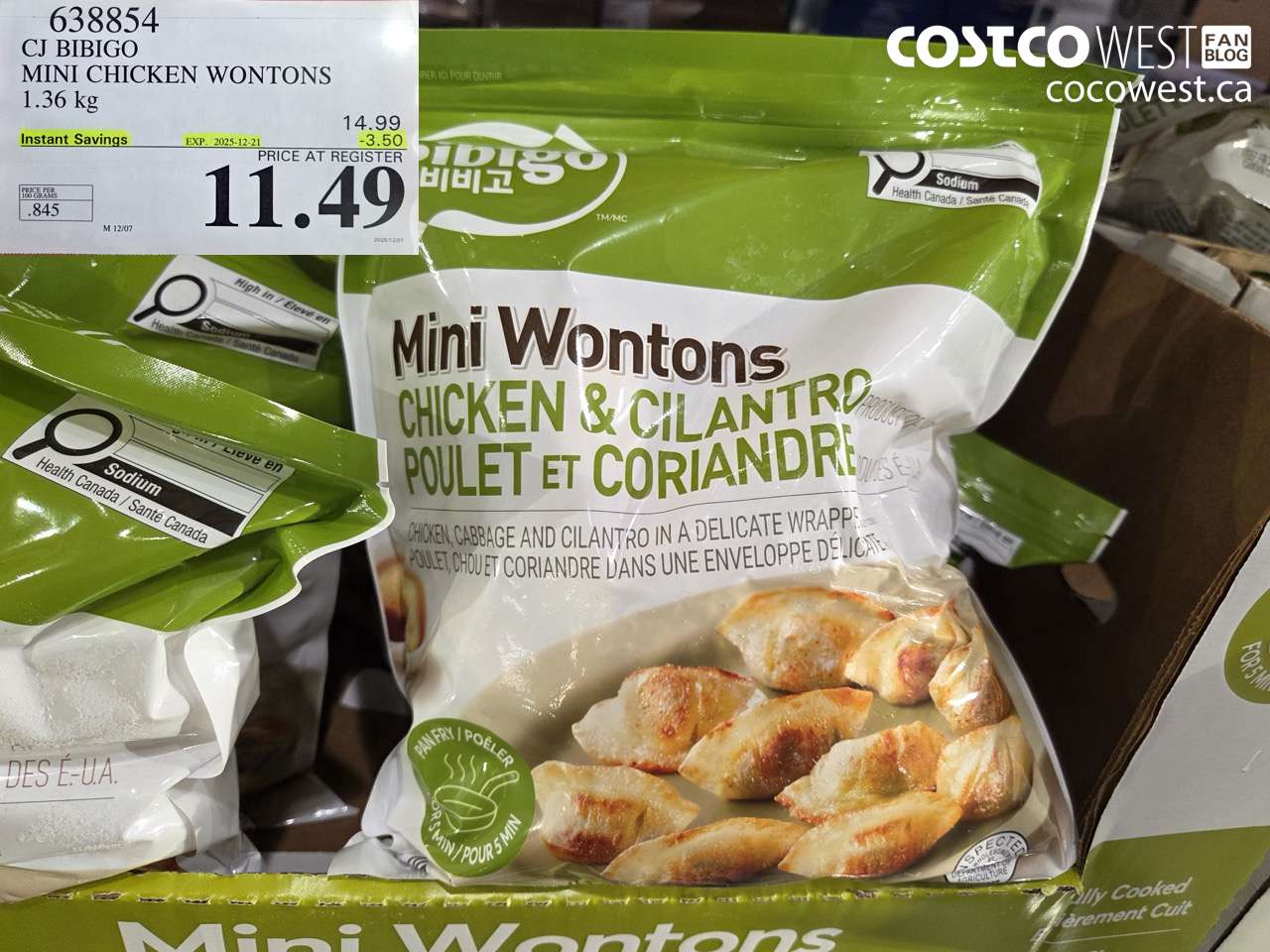 638854 CJ BIBIGO MINI CHICKEN WONTONS 1.36 KG ($3.50 INSTANT SAVINGS EXPIRES ON 2025-12-21) $11.49