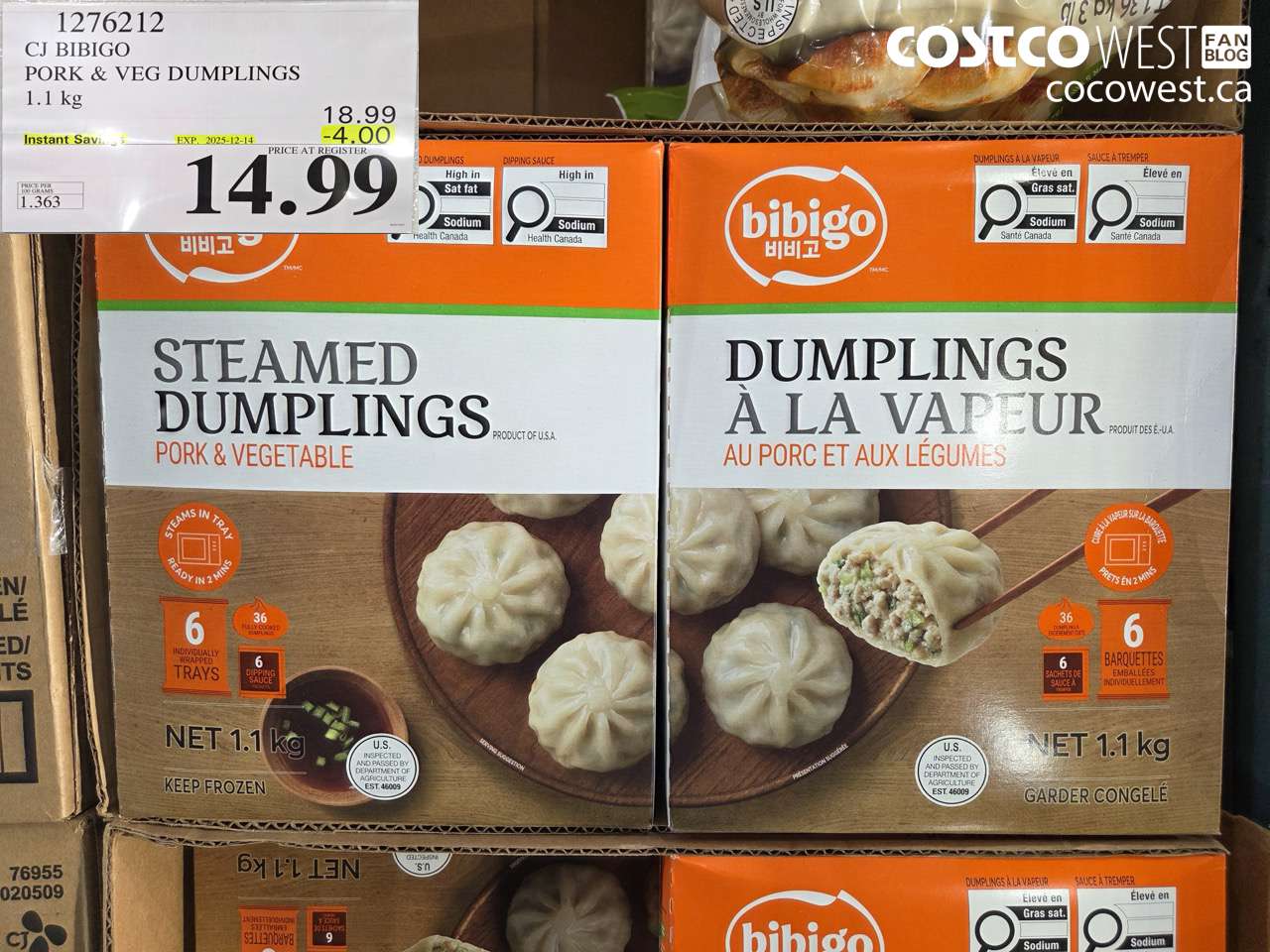1276212 CJ BIBIGO PORK & VEG DUMPLINGS 1.1KG ($4.00 INSTANT SAVINGS EXPIRES ON 2025-12-14) $14.99