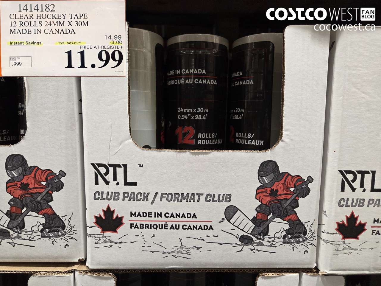 1414182 CLEAR HOCKEY TAPE 12 ROLLS 24MM X 30M MADE IN CANADA ($3.00 INSTANT SAVINGS EXPIRES ON 2025-12-07) $11.99