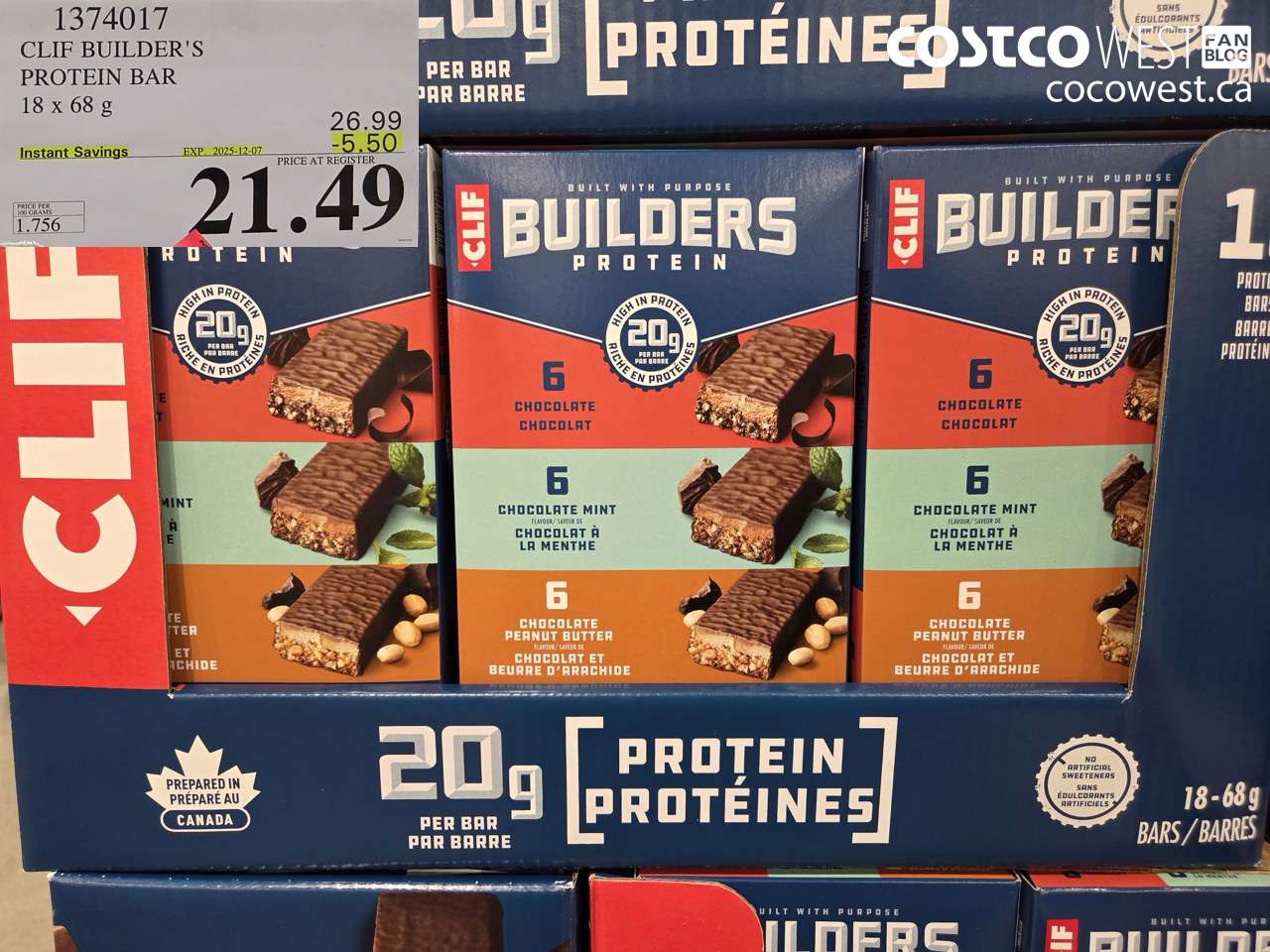 1374017 CLIF BAR BUILDER'S BAR VARIETY 18 x 68 g ($5.50 INSTANT SAVINGS EXPIRES ON 2025-12-07) $21.49