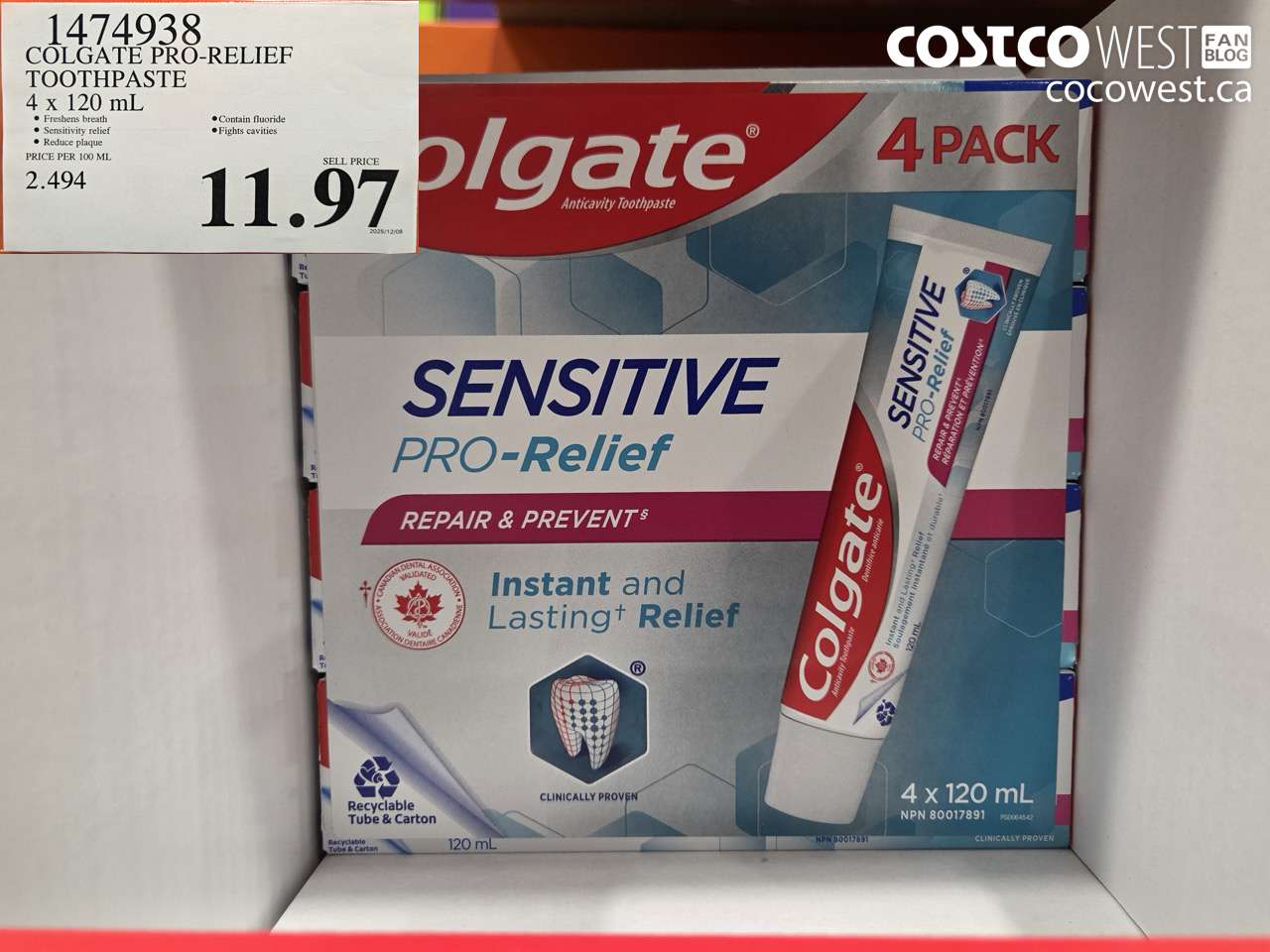 1474938 COLGATE PRO-RELIEF TOOTHPASTE 4 x 120 mL $11.97