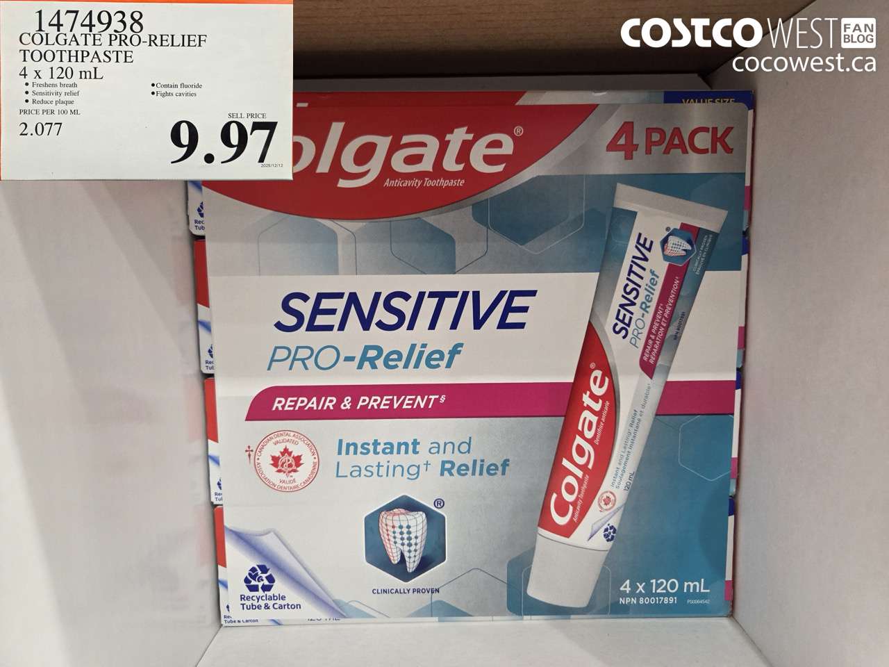 1474938 COLGATE PRO-RELIEF TOOTHPASTE 4 x 120 mL $9.97