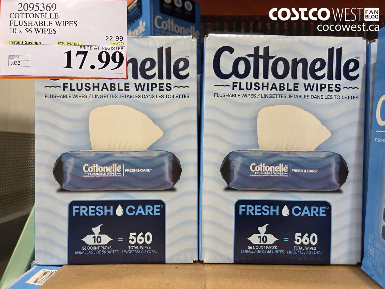 2095369 COTTONELLE FLUSHABLE WIPES 10 x 56 UNITS ($5.00 INSTANT SAVINGS EXPIRES ON 2025-12-21) $17.99