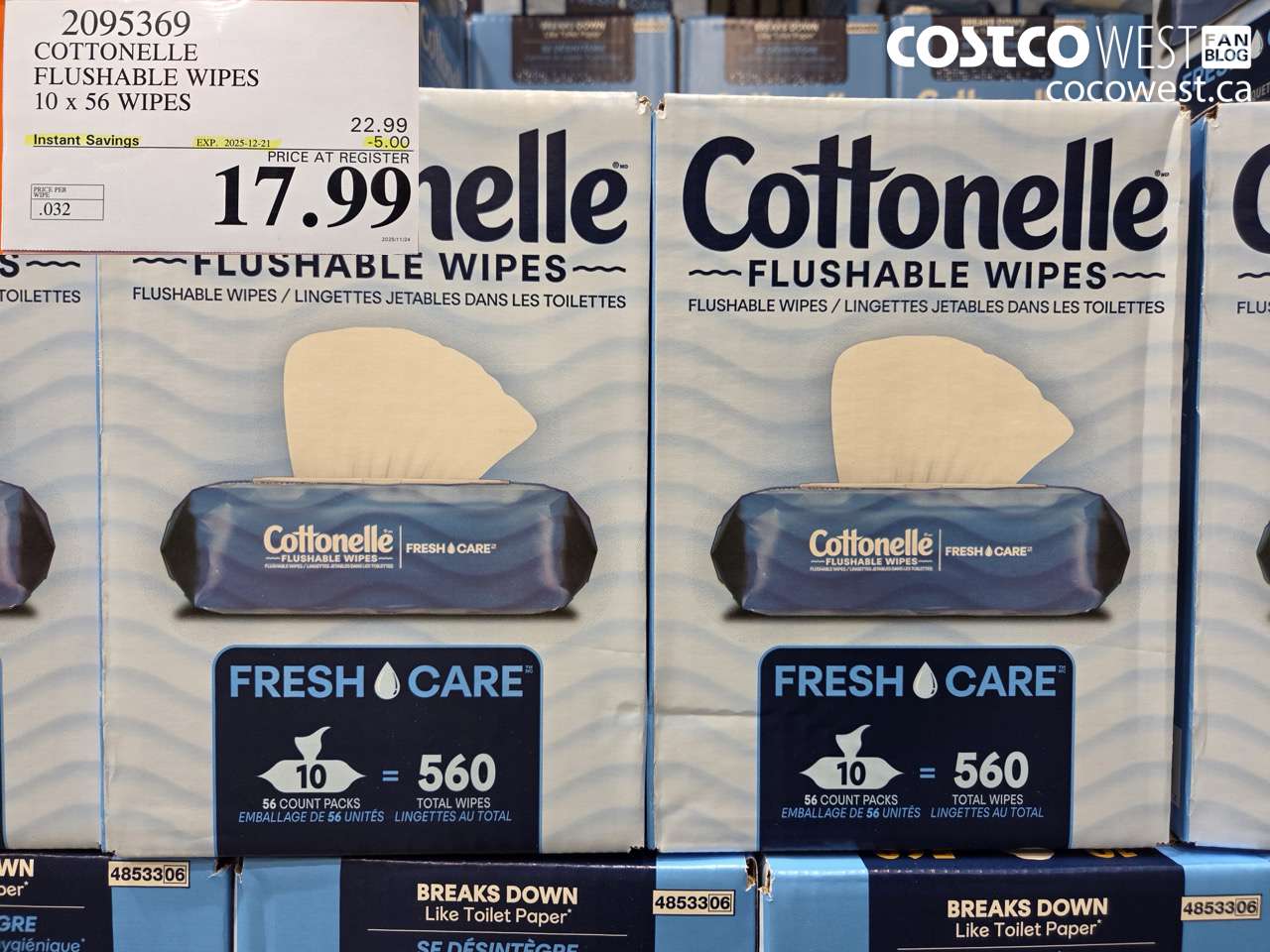 2095369 COTTONELLE FLUSHABLE WIPES 10 x 56 UNITS ($5.00 INSTANT SAVINGS EXPIRES ON 2025-12-21) $17.99