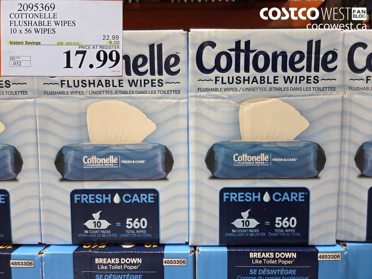 2095369 COTTONELLE FLUSHABLE WIPES 10 x 56 UNITS ($5.00 INSTANT SAVINGS EXPIRES ON 2025-12-21) $17.99