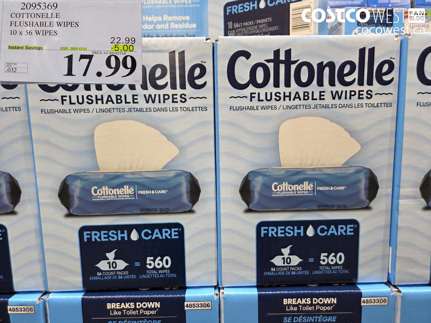 2095369 COTTONELLE FLUSHABLE WIPES 560 UNITS ($5.00 INSTANT SAVINGS EXPIRES ON 2025-12-21) $17.99