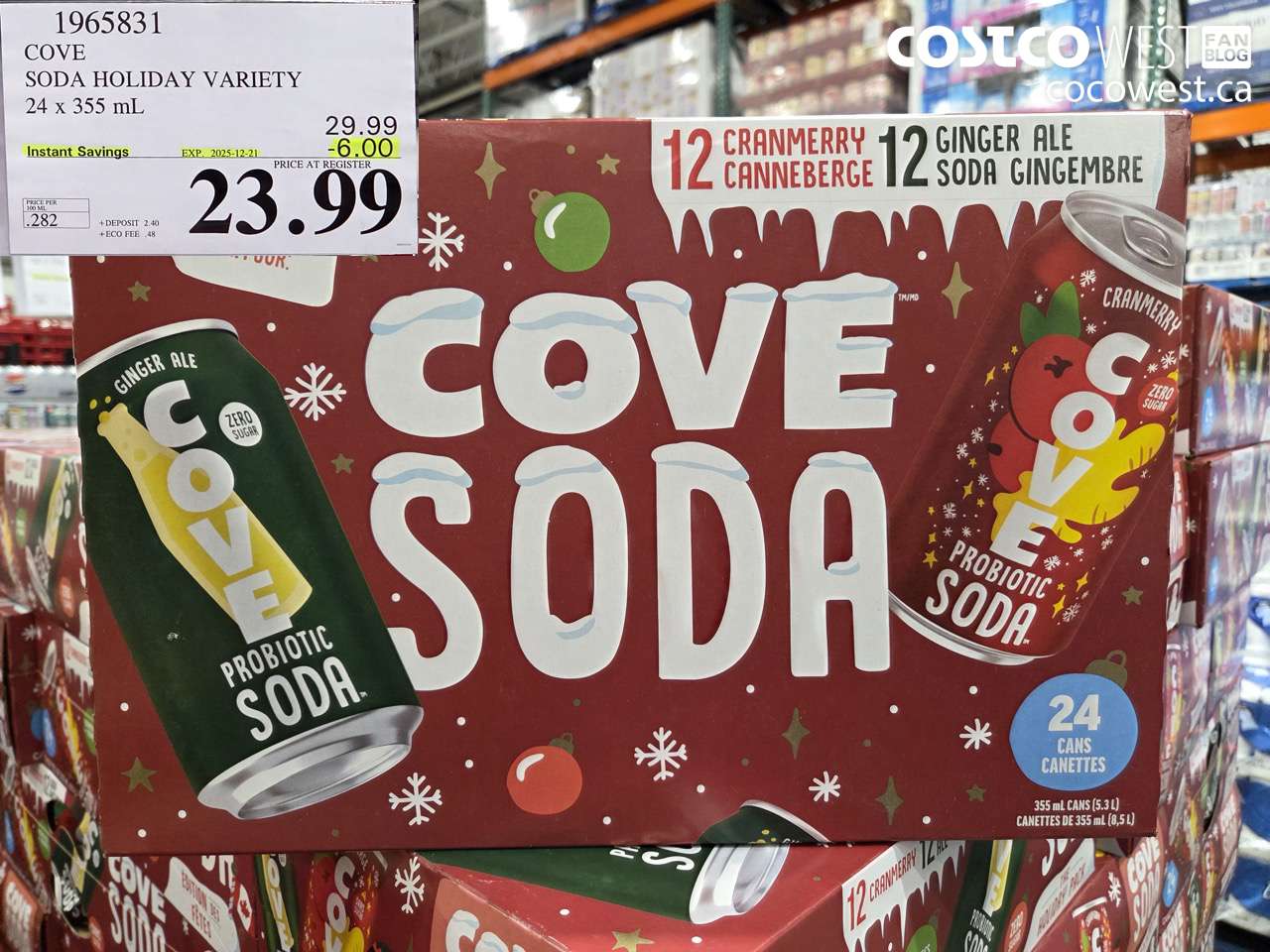 1965831 COVE SODA HOLIDAY VARIETY 24 x 355 mL ($6.00 INSTANT SAVINGS EXPIRES ON 2025-12-21) $23.99
