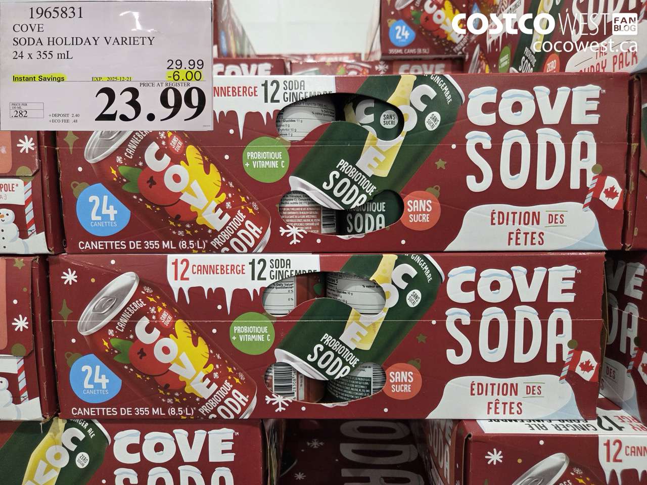 1965831 COVE SODA HOLIDAY VARIETY 24 x 355 mL ($6.00 INSTANT SAVINGS EXPIRES ON 2025-12-21) $23.99