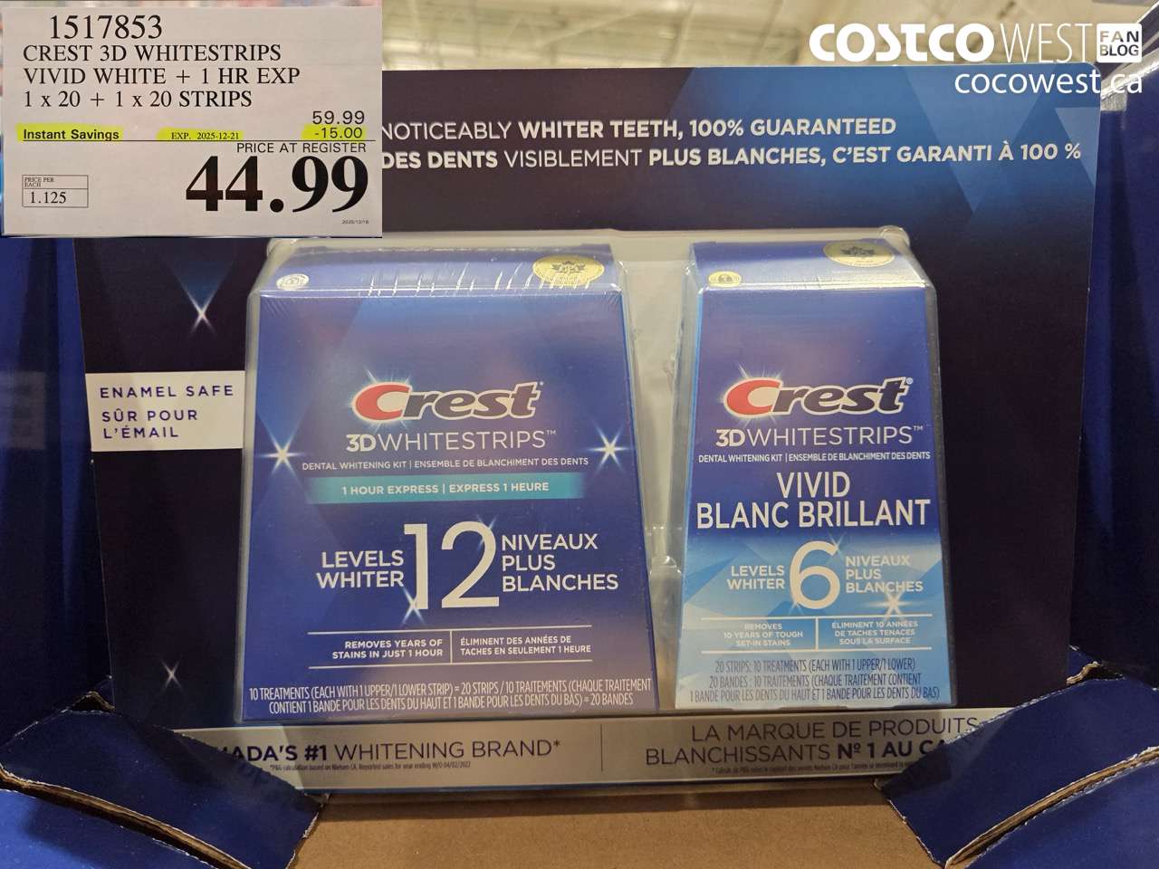 1517853 CREST 3D WHITESTRIPS VIVID WHITE + 1 HR EXP 1 x 20 + 1 x 20 STRIPS ($15.00 INSTANT SAVINGS EXPIRES ON 2025-12-21) $44.99