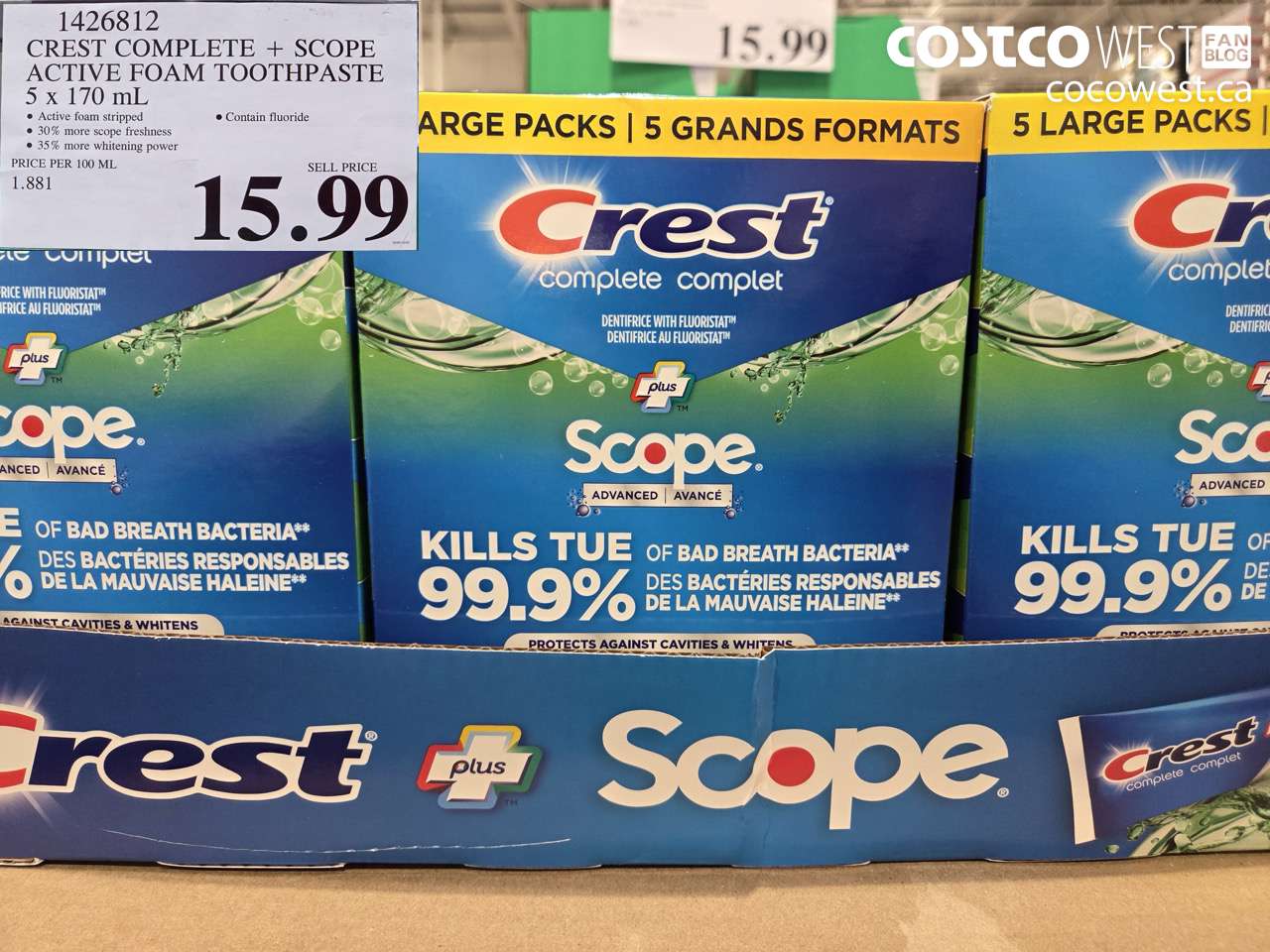 1426812 CREST COMPLETE + SCOPE ACTIVE FOAM TOOTHPASTE 5 x 170ml  $15.99