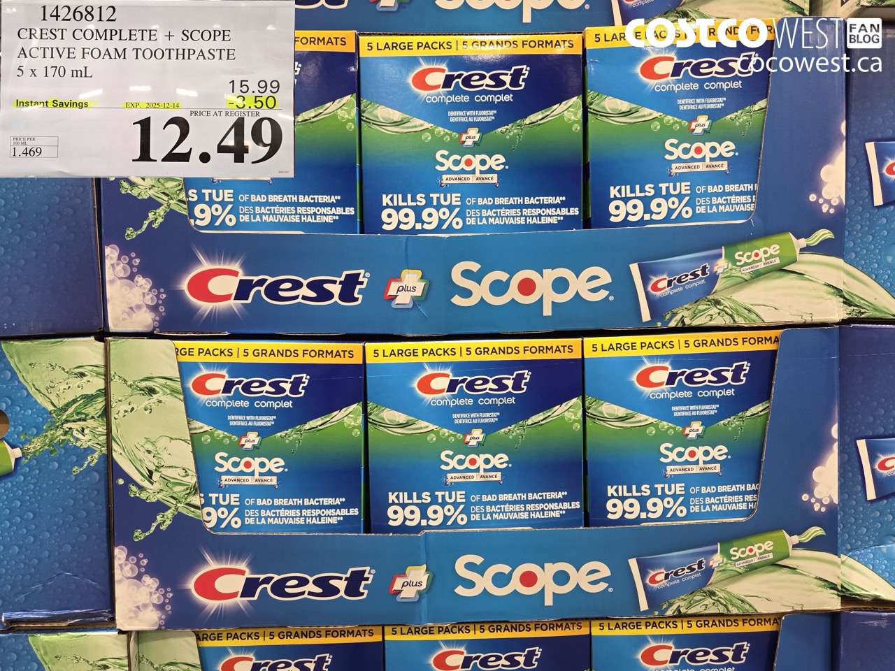 1426812 CREST COMPLETE + SCOPE ACTIVE FOAM TOOTHPASTE 5 x 170ml  ($3.50 INSTANT SAVINGS EXPIRES ON 2025-12-14) $12.49