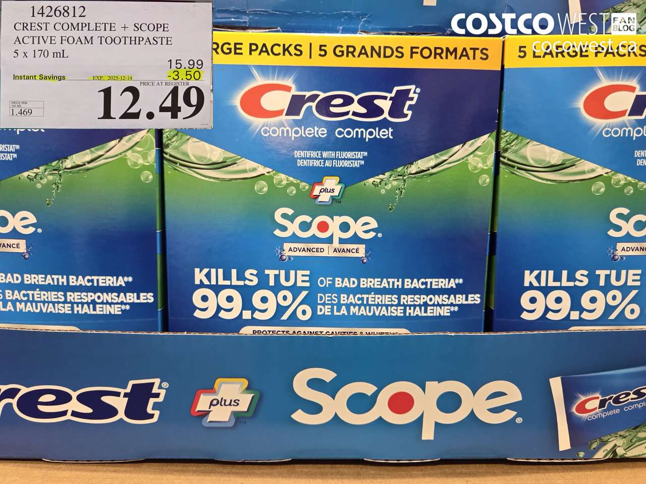 1426812 CREST COMPLETE + SCOPE ACTIVE FOAM TOOTHPASTE 5 x 170ml  ($3.50 INSTANT SAVINGS EXPIRES ON 2025-12-14) $12.49