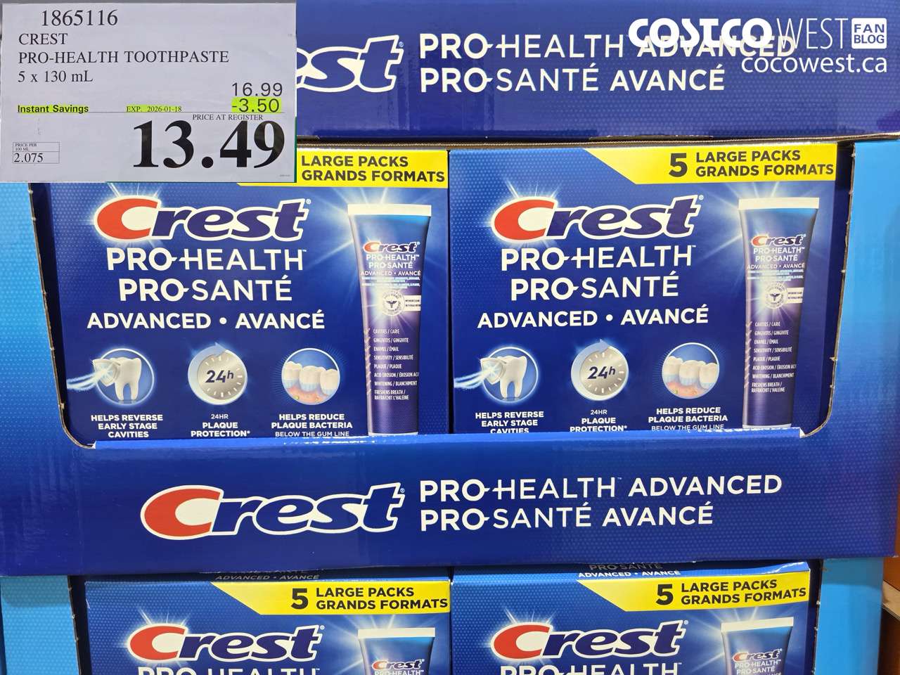 1865116 CREST PRO-HEALTH ADVANCED TOOTHPASTE 5 X 130ML ($3.50 INSTANT SAVINGS EXPIRES ON 2026-01-18) $13.49