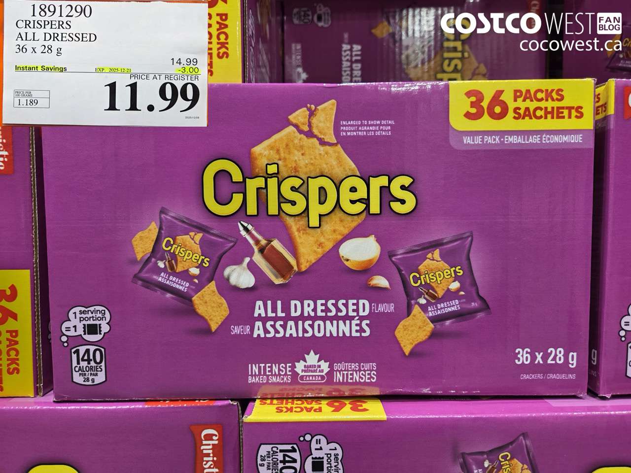 1891290 CRISPERS ALL DRESSED 36 x 28 g ($3.00 INSTANT SAVINGS EXPIRES ON 2025-12-21) $11.99
