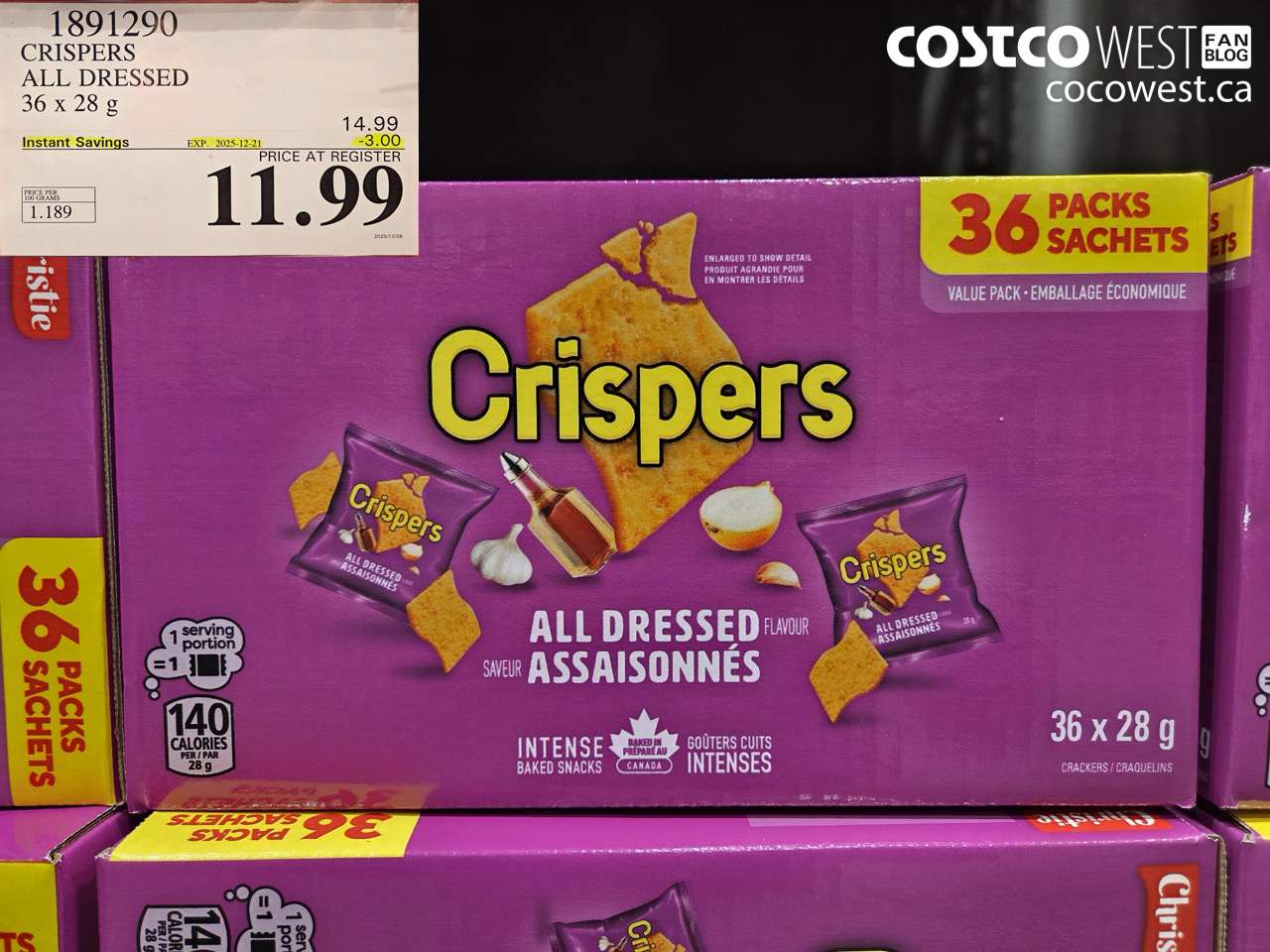 1891290 CRISPERS ALL DRESSED 36 x 28 g ($3.00 INSTANT SAVINGS EXPIRES ON 2025-12-21) $11.99