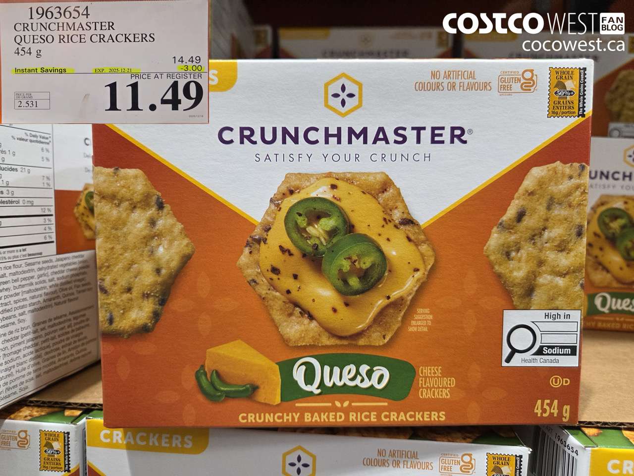 1963654 CRUNCHMASTER QUESO RICE CRACKERS 454G ($3.00 INSTANT SAVINGS EXPIRES ON 2025-12-21) $11.49