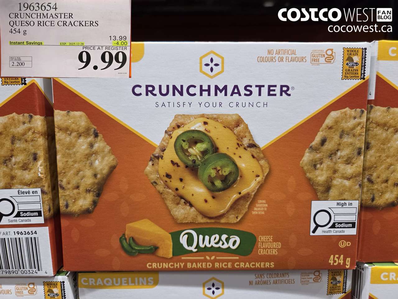 1963654 CRUNCHMASTER QUESO RICE CRACKERS 454G ($4.00 INSTANT SAVINGS EXPIRES ON 2025-12-28) $9.99