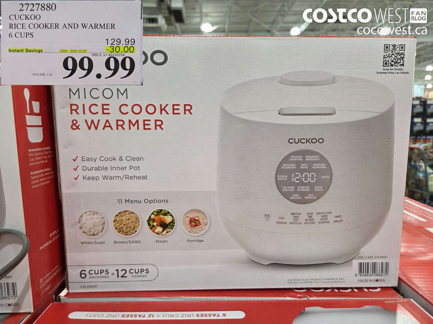 2727880 CUCKOO RICE COOKER AND WARMER 6 CUPS ($30.00 INSTANT SAVINGS EXPIRES ON 2025-12-07) $99.99