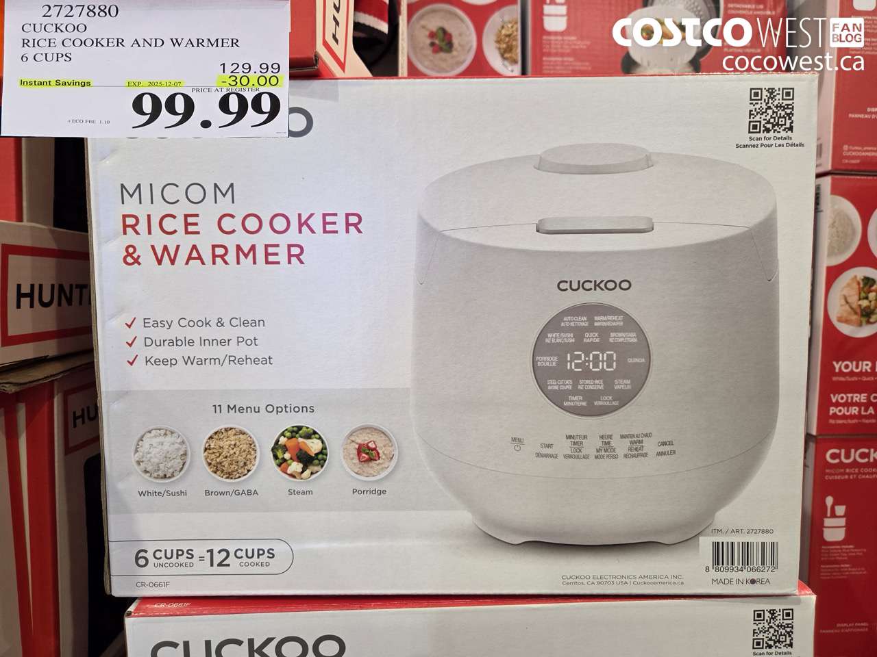 2727880 CUCKOO RICE COOKER AND WARMER 6 CUPS ($30.00 INSTANT SAVINGS EXPIRES ON 2025-12-07) $99.99