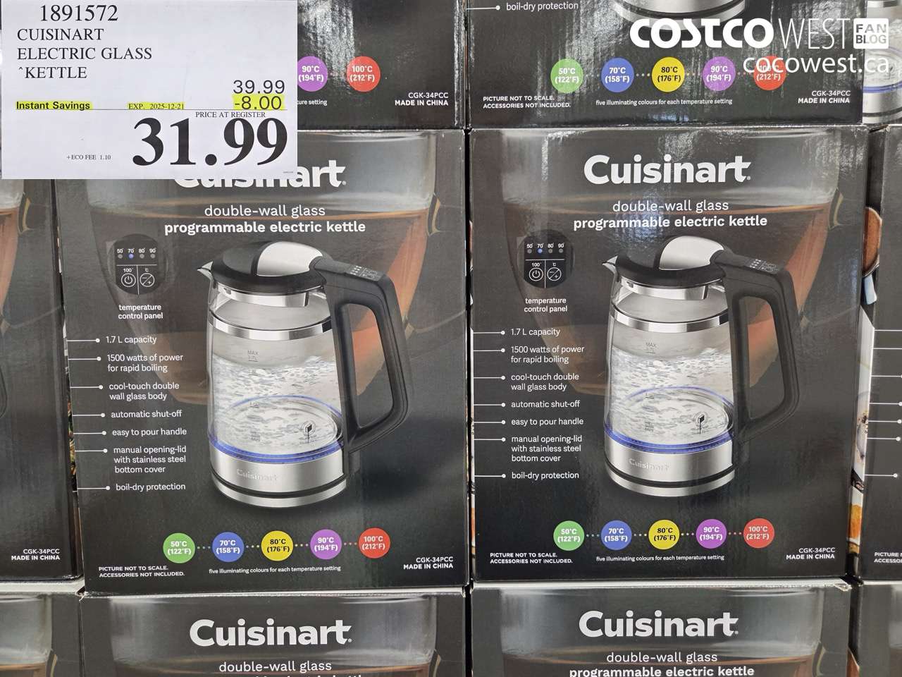 1891572 CUISINART ELECTRIC GLASS KETTLE ($8.00 INSTANT SAVINGS EXPIRES ON 2025-12-21) $31.99