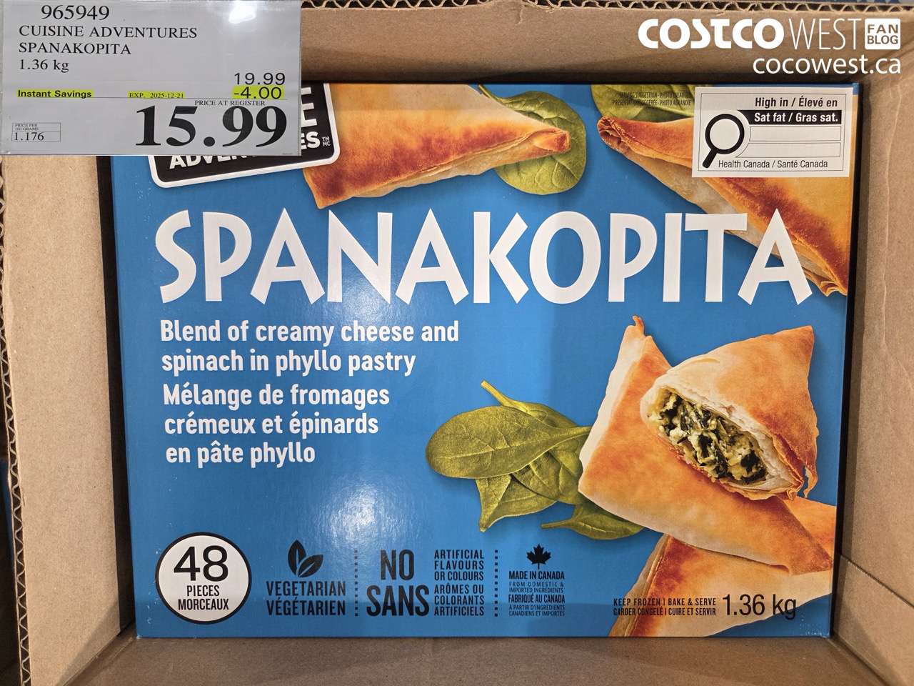 965949 CUISINE ADVENTURES SPANAKOPITA 1.36 kg ($4.00 INSTANT SAVINGS EXPIRES ON 2025-12-21) $15.99