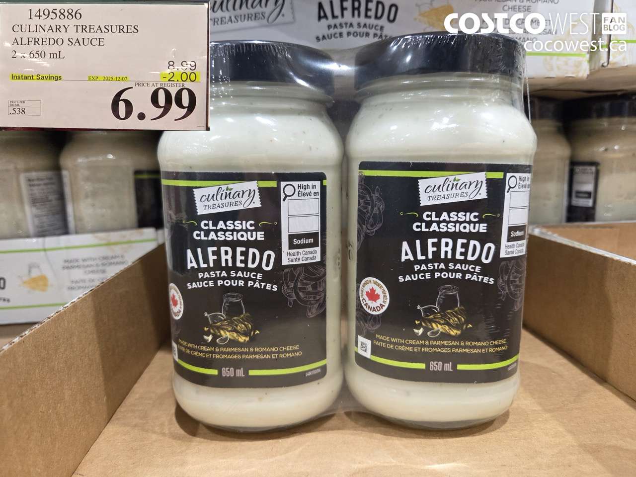 1495886 CULINARY TREASURES ALFREDO SAUCE 2 X 650ML ($2.00 INSTANT SAVINGS EXPIRES ON 2025-12-07) $6.99