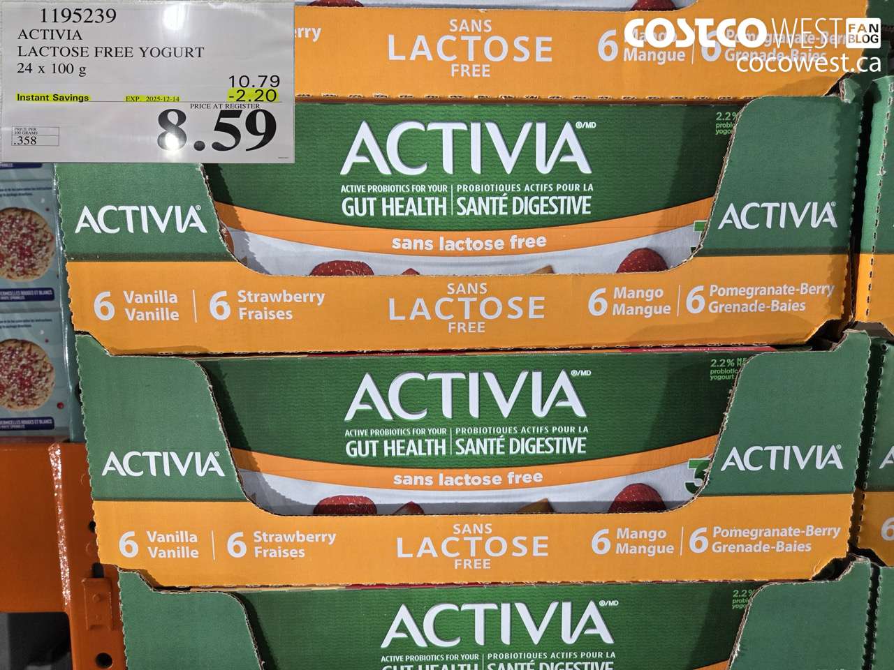 1195239 DANONE ACTIVIA LACTOSE FREE YOGURT 24 x 100 g ($2.20 INSTANT SAVINGS EXPIRES ON 2025-12-14) $8.59