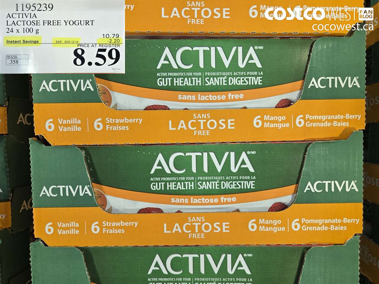 1195239 DANONE ACTIVIA LACTOSE FREE YOGURT 24 x 100 g ($2.20 INSTANT SAVINGS EXPIRES ON 2025-12-14) $8.59