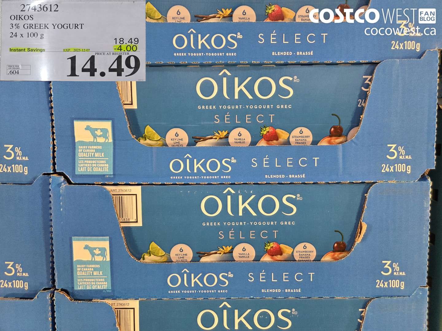 2743612 DANONE OIKOS 3% GREEK YOGURT 24 X 100 G ($4.00 INSTANT SAVINGS EXPIRES ON 2025-12-07) $14.49