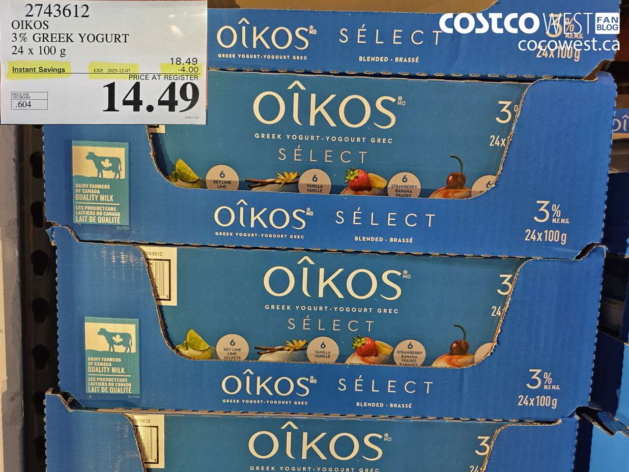 2743612 DANONE OIKOS 3% GREEK YOGURT 24 X 100 G ($4.00 INSTANT SAVINGS EXPIRES ON 2025-12-07) $14.49
