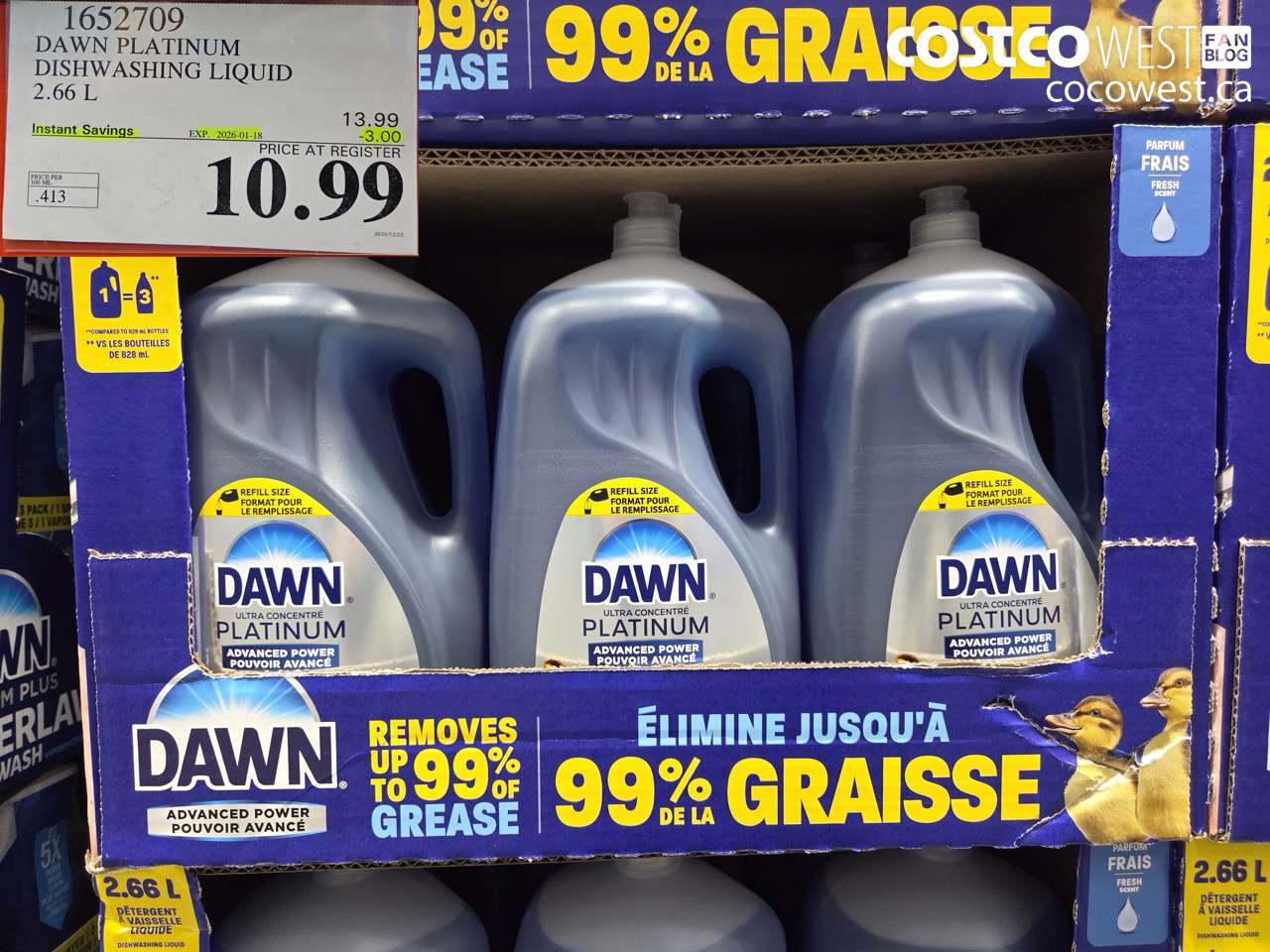 1652709 DAWN PLATINUM LIQUID DISH DETERGENT 2.66L ($3.00 INSTANT SAVINGS EXPIRES ON 2026-01-18) $10.99