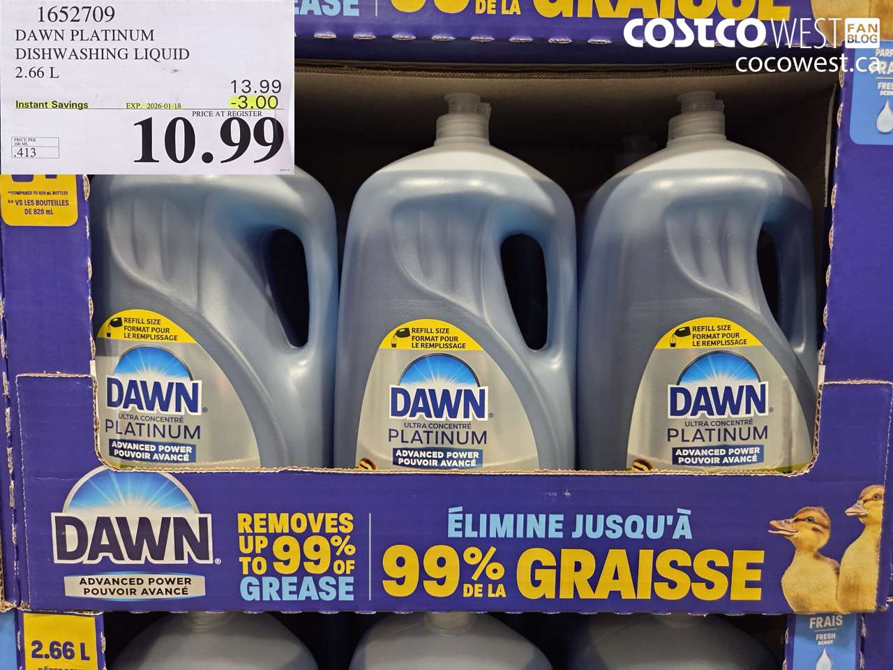 1652709 DAWN PLATINUM LIQUID DISH DETERGENT 2.66L ($3.00 INSTANT SAVINGS EXPIRES ON 2026-01-18) $10.99