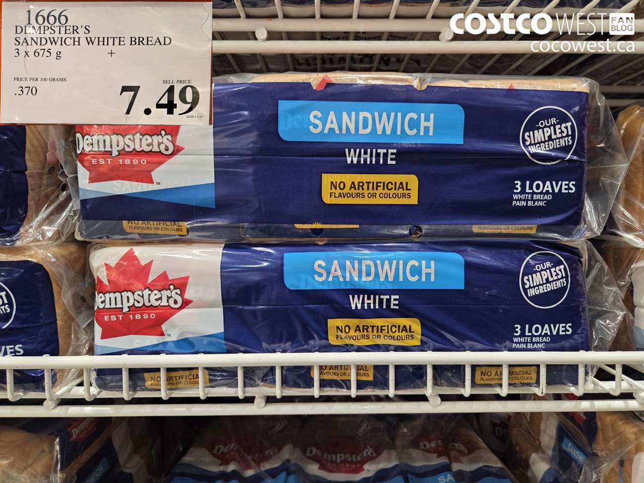 1666 DEMPSTER'S SANDWICH WHITE BREAD PACK OF 3 x 675 g $7.49