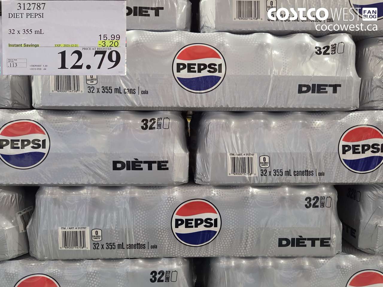 312787 DIET PEPSI 32 x 355 mL ($3.20 INSTANT SAVINGS EXPIRES ON 2025-12-21) $12.79