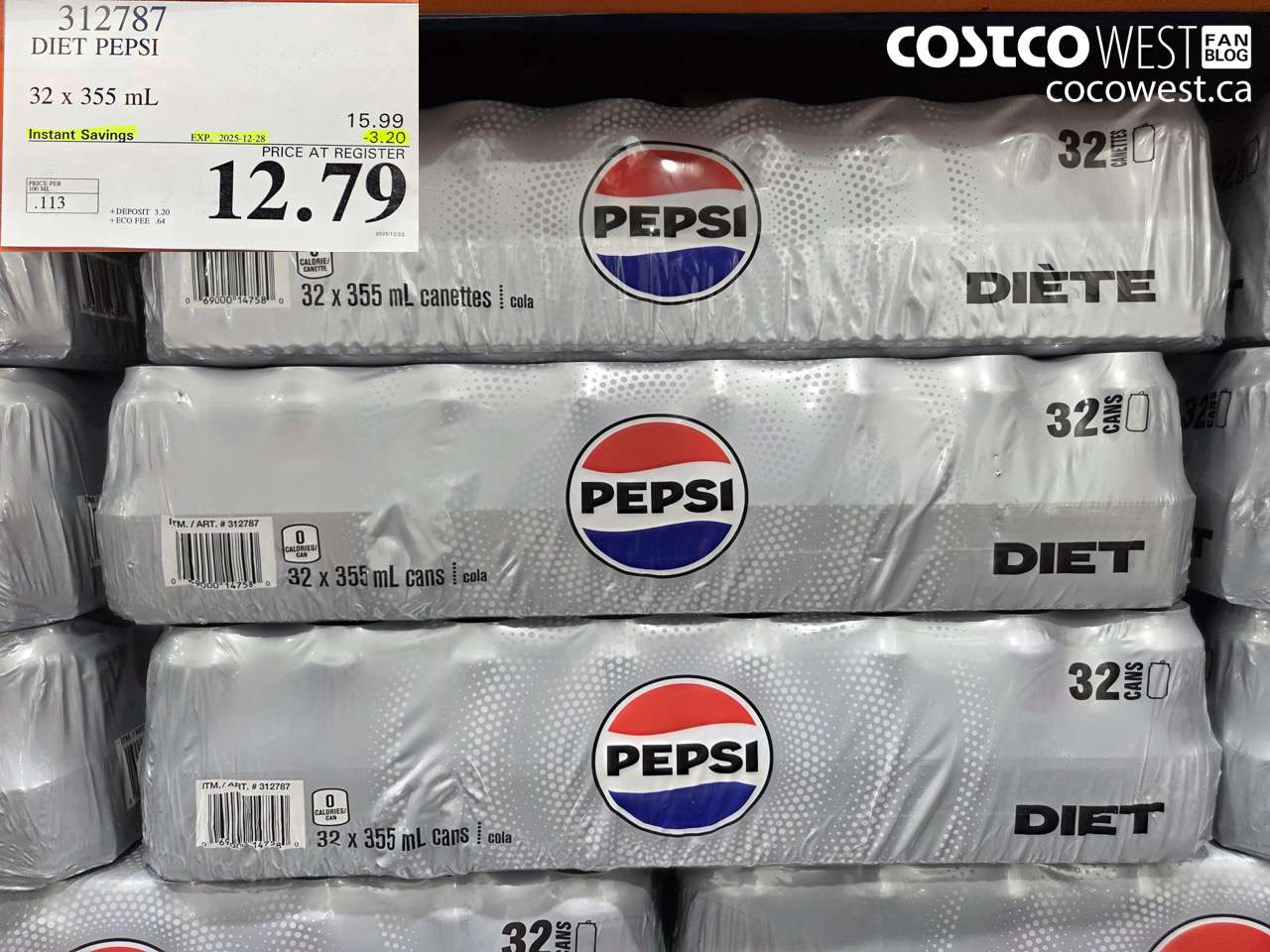 312787 DIET PEPSI 32 x 355 mL ($3.20 INSTANT SAVINGS EXPIRES ON 2025-12-28) $12.79