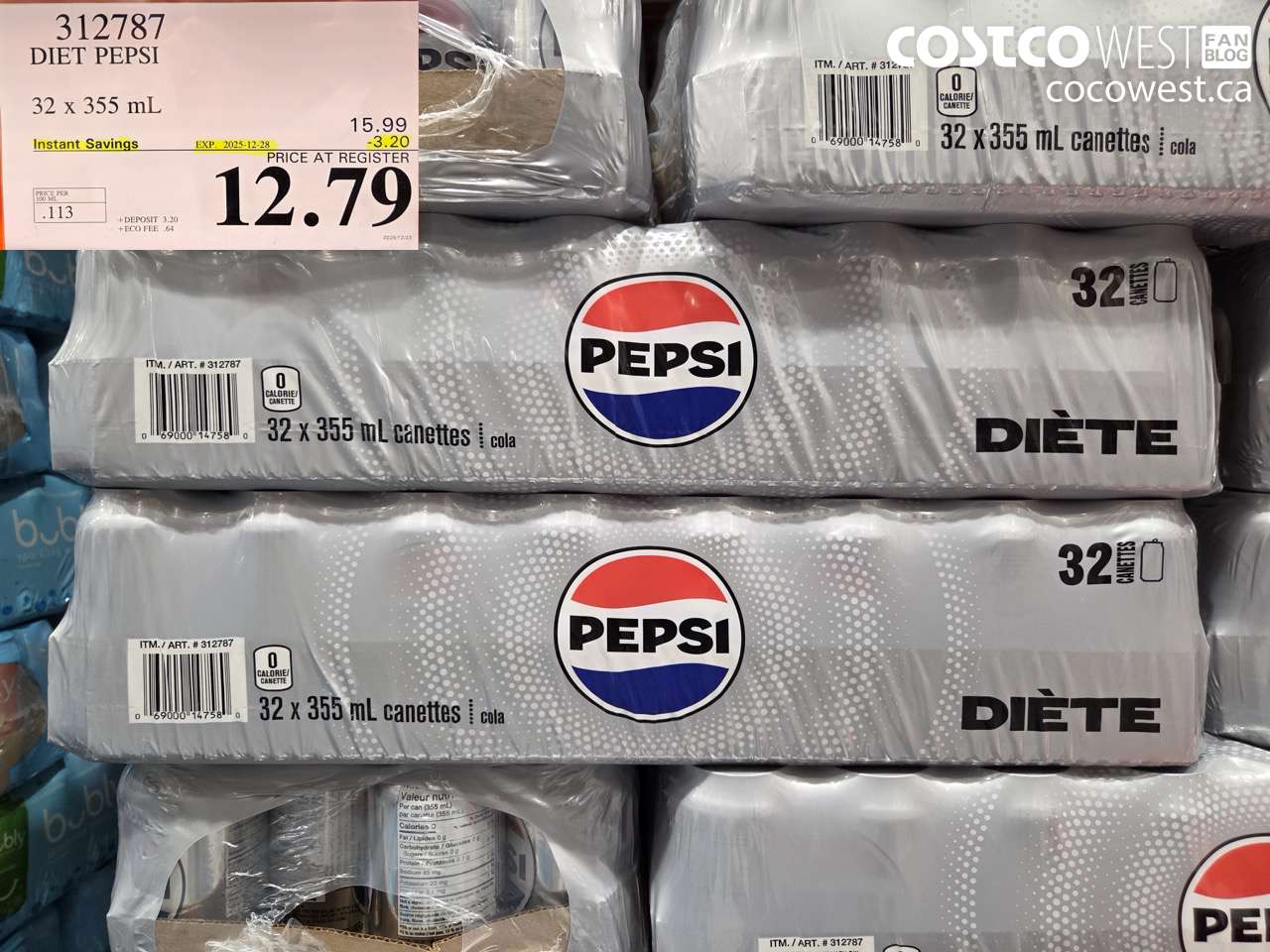 312787 DIET PEPSI 32 x 355 mL ($3.20 INSTANT SAVINGS EXPIRES ON 2025-12-28) $12.79