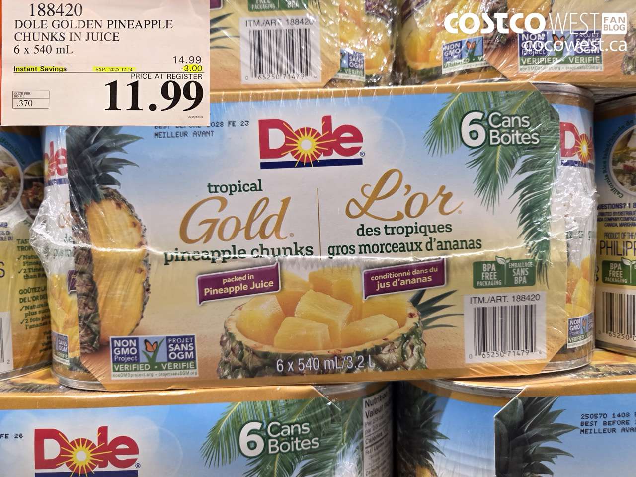 188420 DOLE GOLDEN PINEAPPLE CHUNKS IN JUICE 6 x 540 mL ($3.00 INSTANT SAVINGS EXPIRES ON 2025-12-14) $11.99