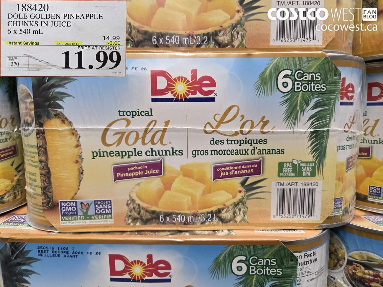 188420 DOLE GOLDEN PINEAPPLE CHUNKS IN JUICE 6 x 540 mL ($3.00 INSTANT SAVINGS EXPIRES ON 2025-12-14) $11.99