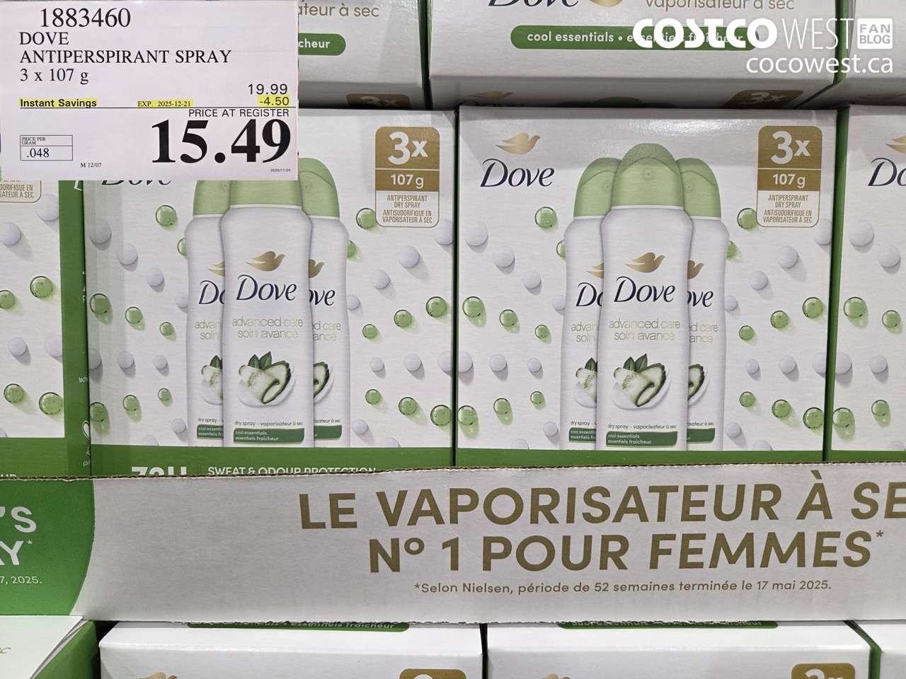 1883460 DOVE ANTIPERSPIRANT SPRAY 3 X 107G ($4.50 INSTANT SAVINGS EXPIRES ON 2025-12-21) $15.49