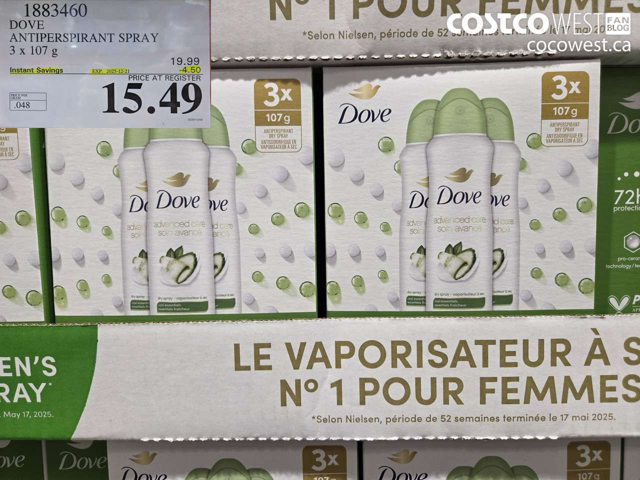 1883460 DOVE ANTIPERSPIRANT SPRAY 3 X 107G ($4.50 INSTANT SAVINGS EXPIRES ON 2025-12-21) $15.49