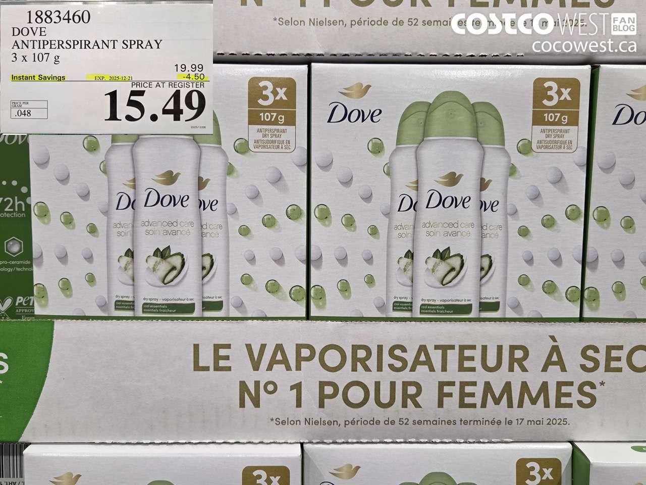 1883460 DOVE ANTIPERSPIRANT SPRAY 3 X 107G ($4.50 INSTANT SAVINGS EXPIRES ON 2025-12-21) $15.49