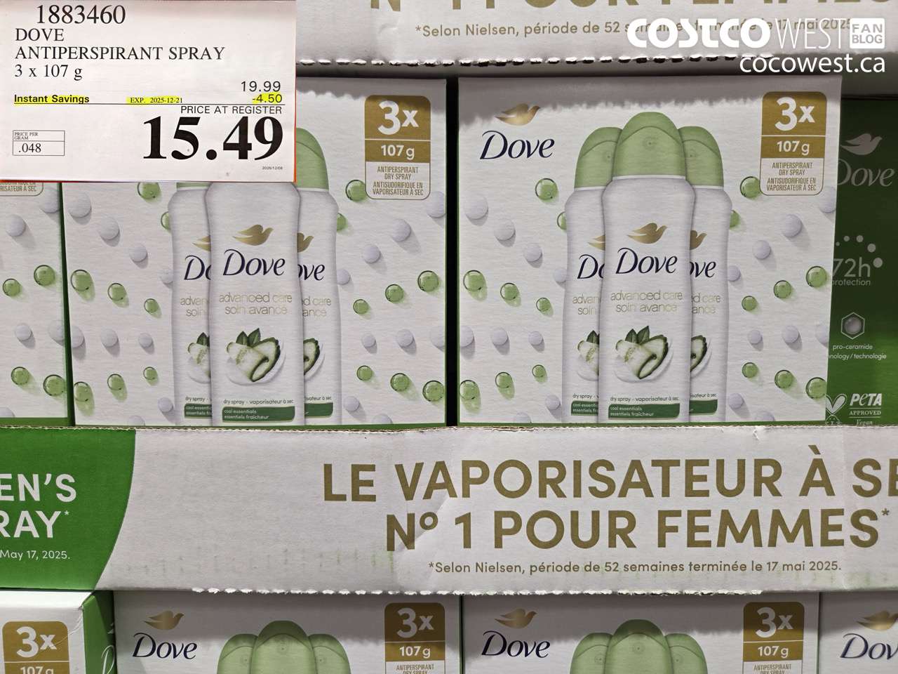 1883460 DOVE ANTIPERSPIRANT SPRAY 3 X 107G ($4.50 INSTANT SAVINGS EXPIRES ON 2025-12-21) $15.49