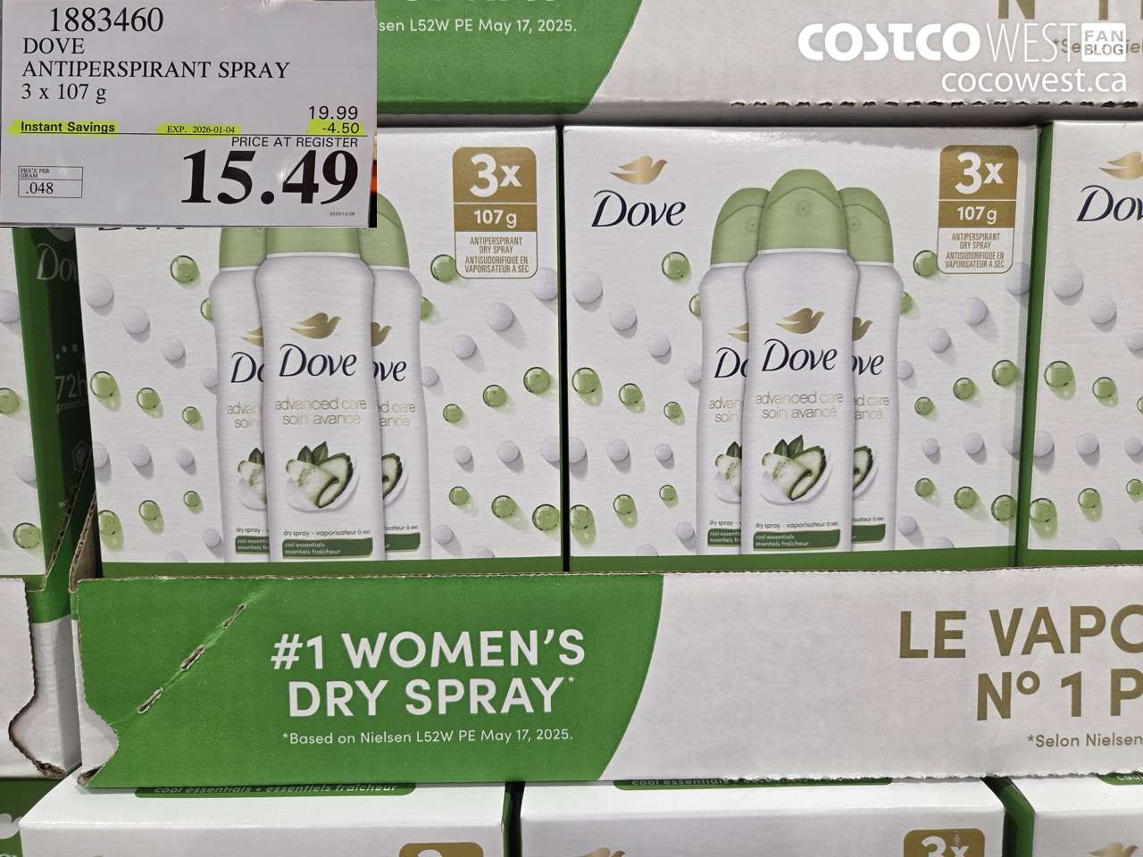 1883460 DOVE ANTIPERSPIRANT SPRAY 3 X 107G ($4.50 INSTANT SAVINGS EXPIRES ON 2026-01-04) $15.49