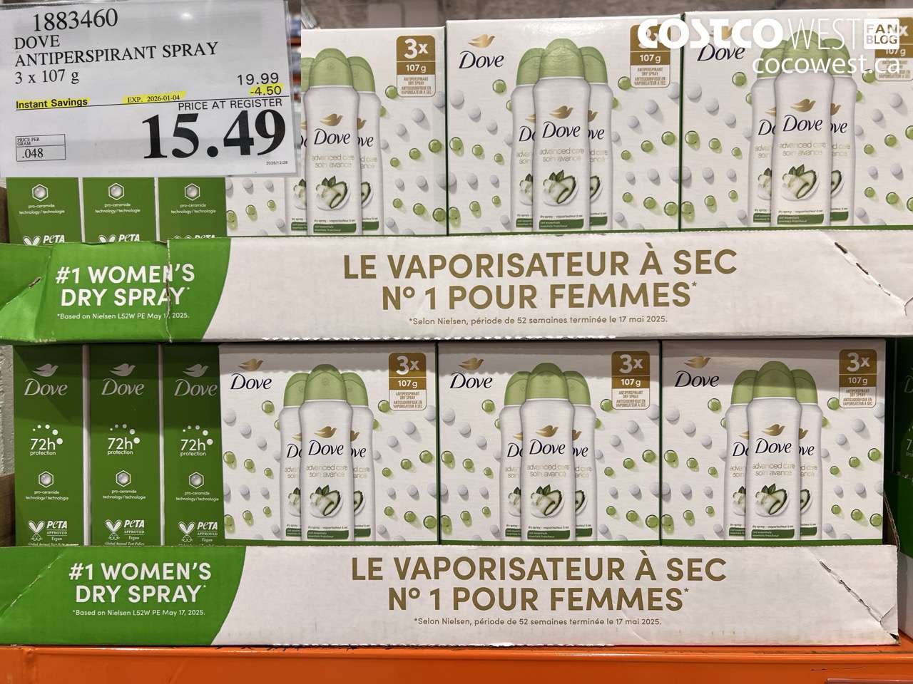 1883460 DOVE ANTIPERSPIRANT SPRAY 3 X 107G ($4.50 INSTANT SAVINGS EXPIRES ON 2026-01-04) $15.49