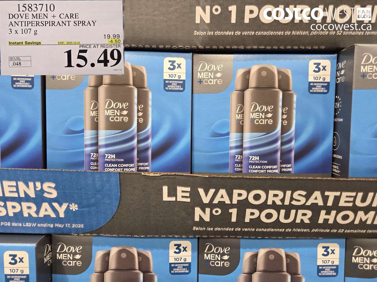 1583710 DOVE MEN + CARE ANTIPERSPIRANT SPRAY 3 x 107 g ($4.50 INSTANT SAVINGS EXPIRES ON 2025-12-21) $15.49