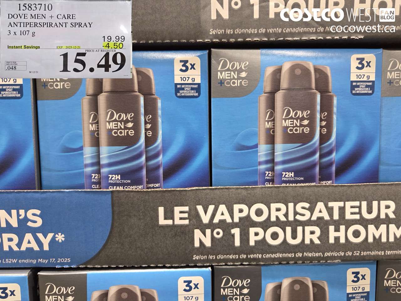 1583710 DOVE MEN + CARE ANTIPERSPIRANT SPRAY 3 x 107 g ($4.50 INSTANT SAVINGS EXPIRES ON 2025-12-21) $15.49