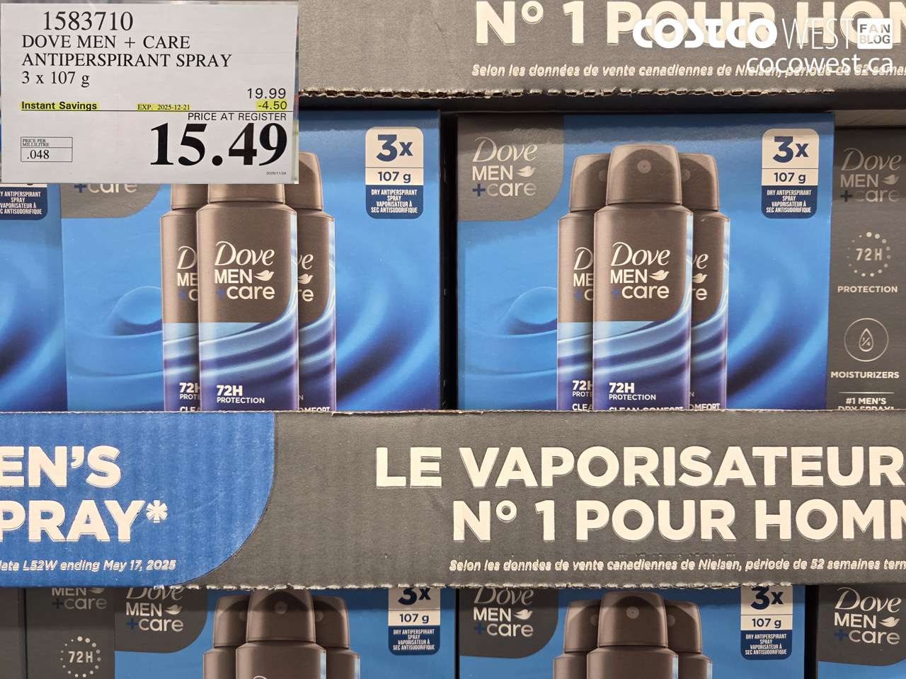 1583710 DOVE MEN + CARE ANTIPERSPIRANT SPRAY 3 x 107 g ($4.50 INSTANT SAVINGS EXPIRES ON 2025-12-21) $15.49